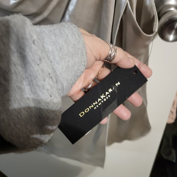 NWT DONNA KAREN METALLIC FRONT WRAP COWL NECK BLOUSE SZ L - Picture 4 of 9